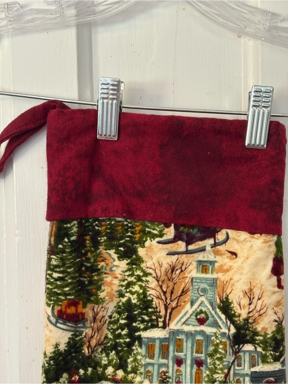 Holiday Handmade Christmas Stocking with Country Village Winter